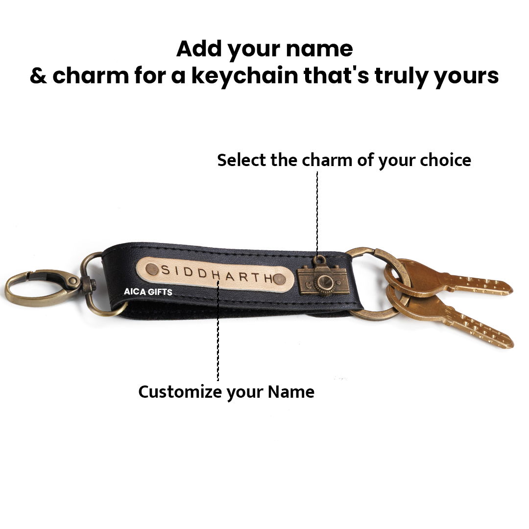 AICA Personalized Name, Color & Charm Leather Keychain – Pack of 3