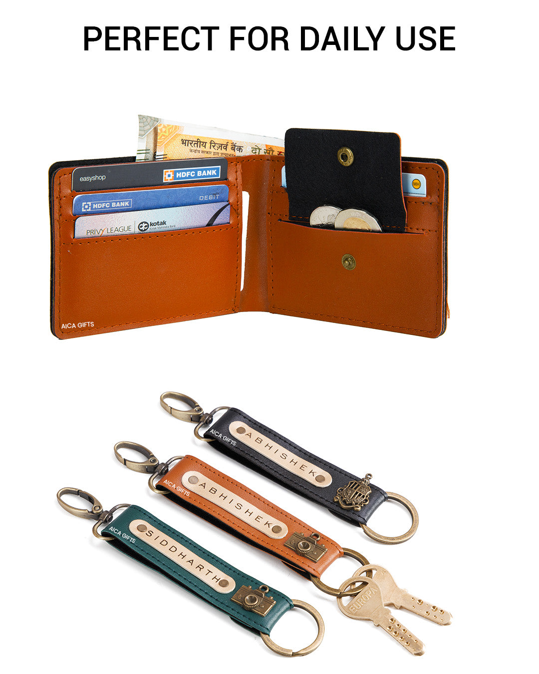 AICA Personalized Name & Charm Leather Wallet & Keychain Giftset for Men (Tan Brown)