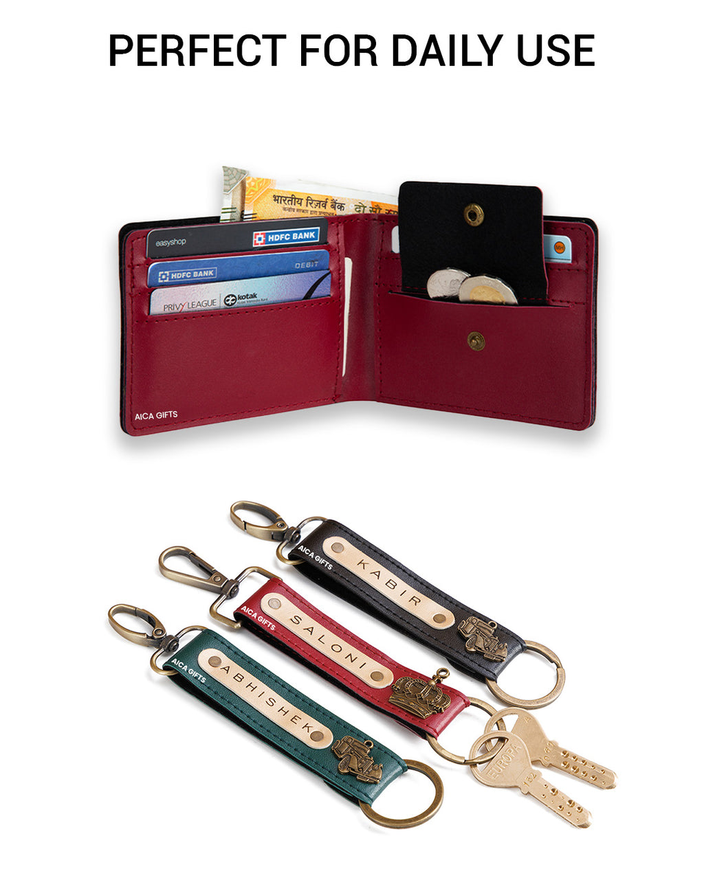 AICA Personalized Name & Charm Leather Wallet & Keychain Giftset for Men ( Wine )