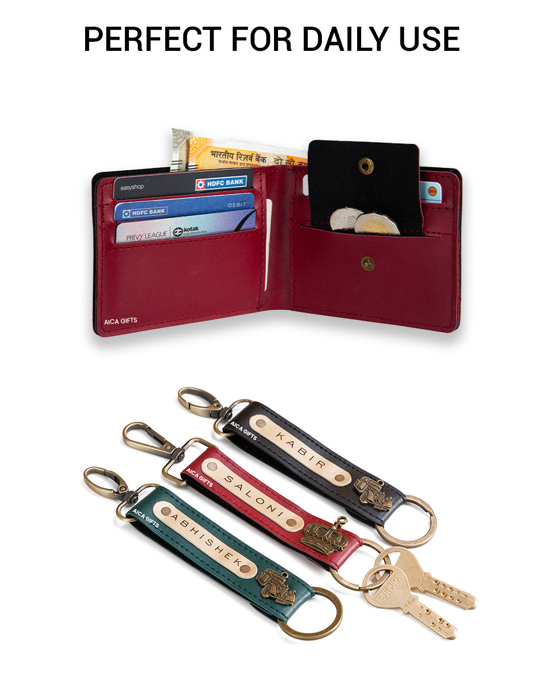 AICA Personalized Name & Charm Leather Wallet & Keychain Giftset for Men ( Wine )