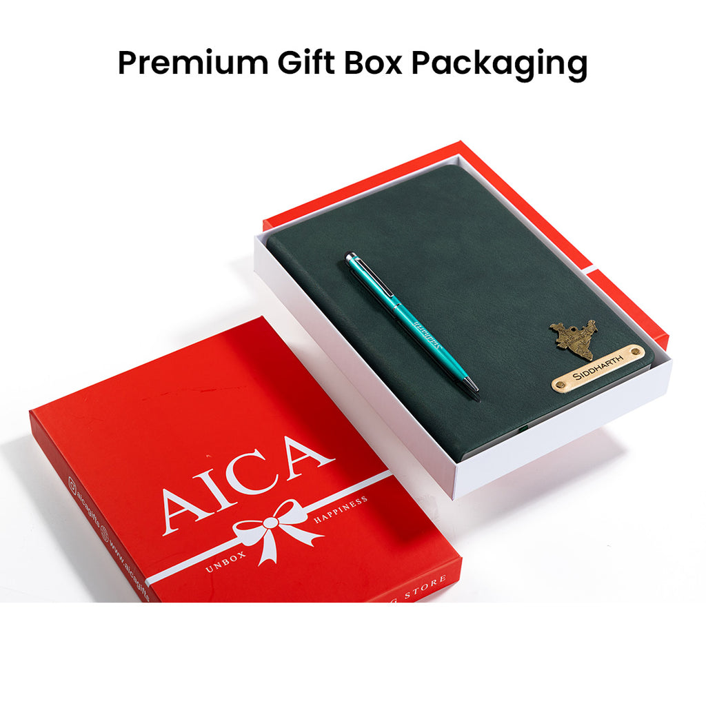 Personalized Magnetic Stick Diary & Roller Pen Gift Set- Dark Green