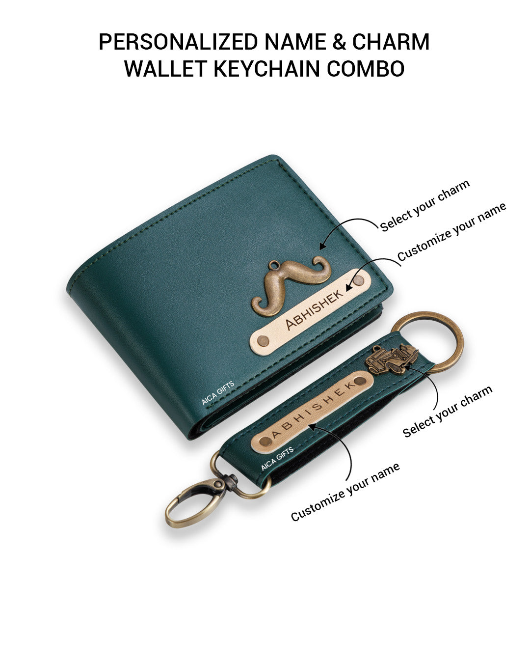 AICA Personalized Name & Charm Leather Wallet & Keychain Giftset for Men ( Dark Green )