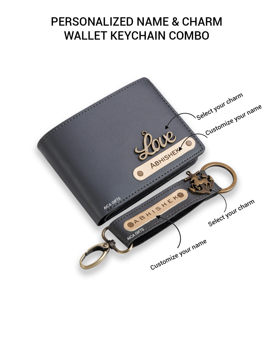 AICA Personalized Name & Charm Leather Wallet & Keychain Giftset for Men (Dark Grey)