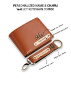 AICA Personalized Name & Charm Leather Wallet & Keychain Giftset for Men (Tan Brown)