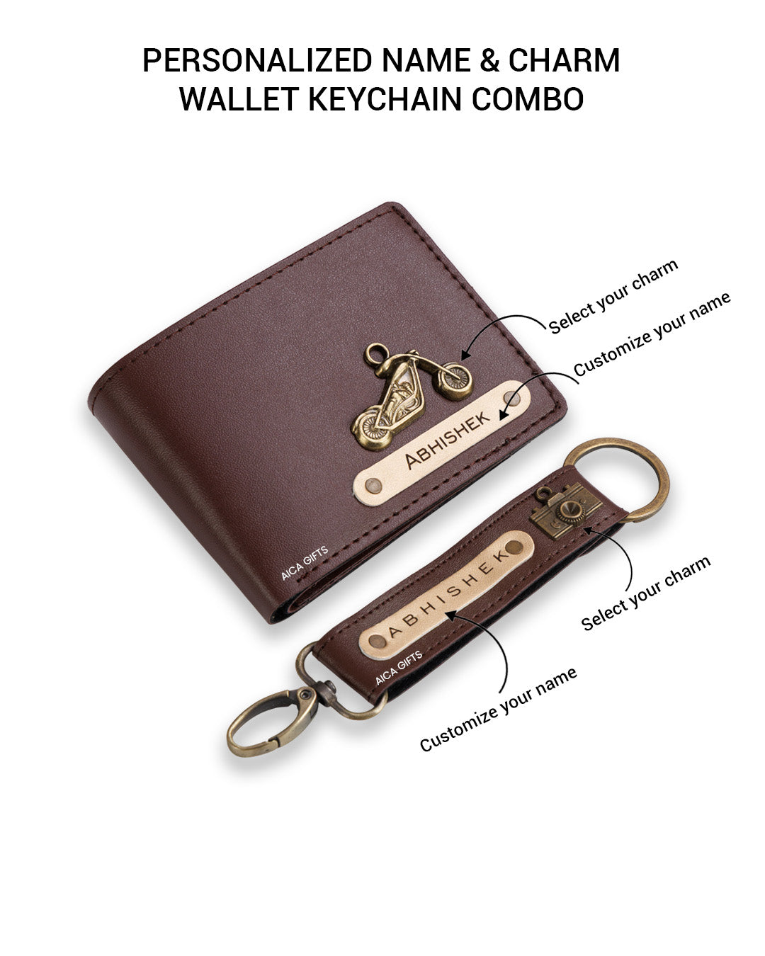 AICA Personalized Name & Charm Leather Wallet & Keychain Giftset for Men ( Dark Brown )