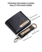 AICA Personalized Name & Charm Leather Wallet & Keychain Giftset for Men (Black)