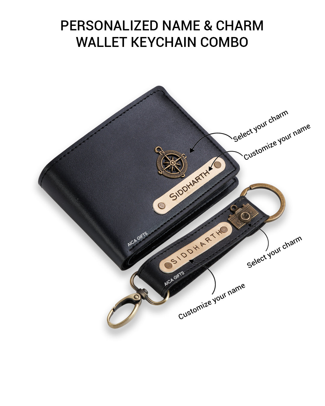AICA Personalized Name & Charm Leather Wallet & Keychain Giftset for Men (Black)