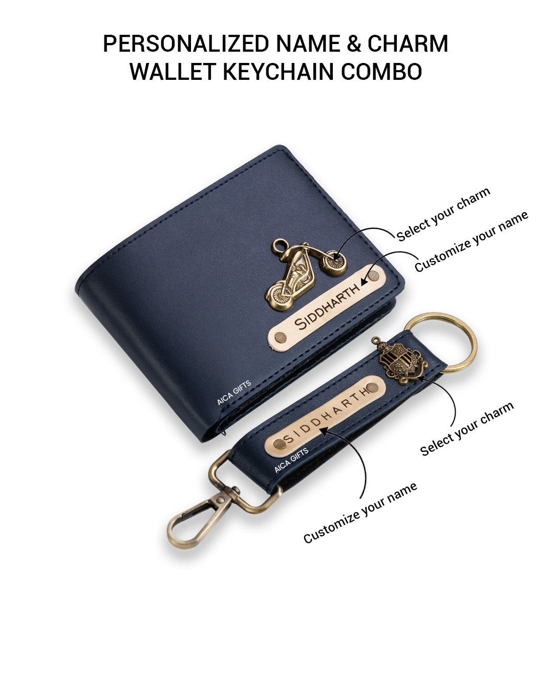 AICA Personalized Name & Charm Leather Wallet & Keychain Giftset for Men ( Navy Blue )