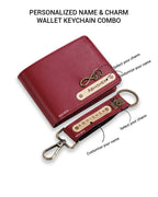 AICA Personalized Name & Charm Leather Wallet & Keychain Giftset for Men ( Wine )