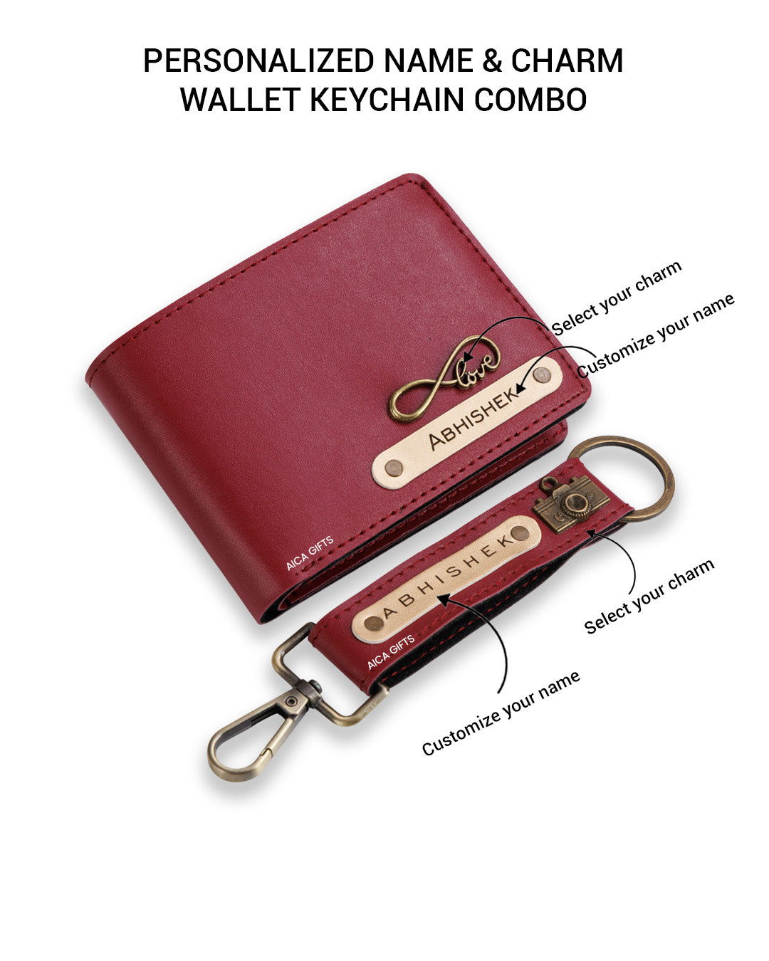 AICA Personalized Name & Charm Leather Wallet & Keychain Giftset for Men ( Wine )