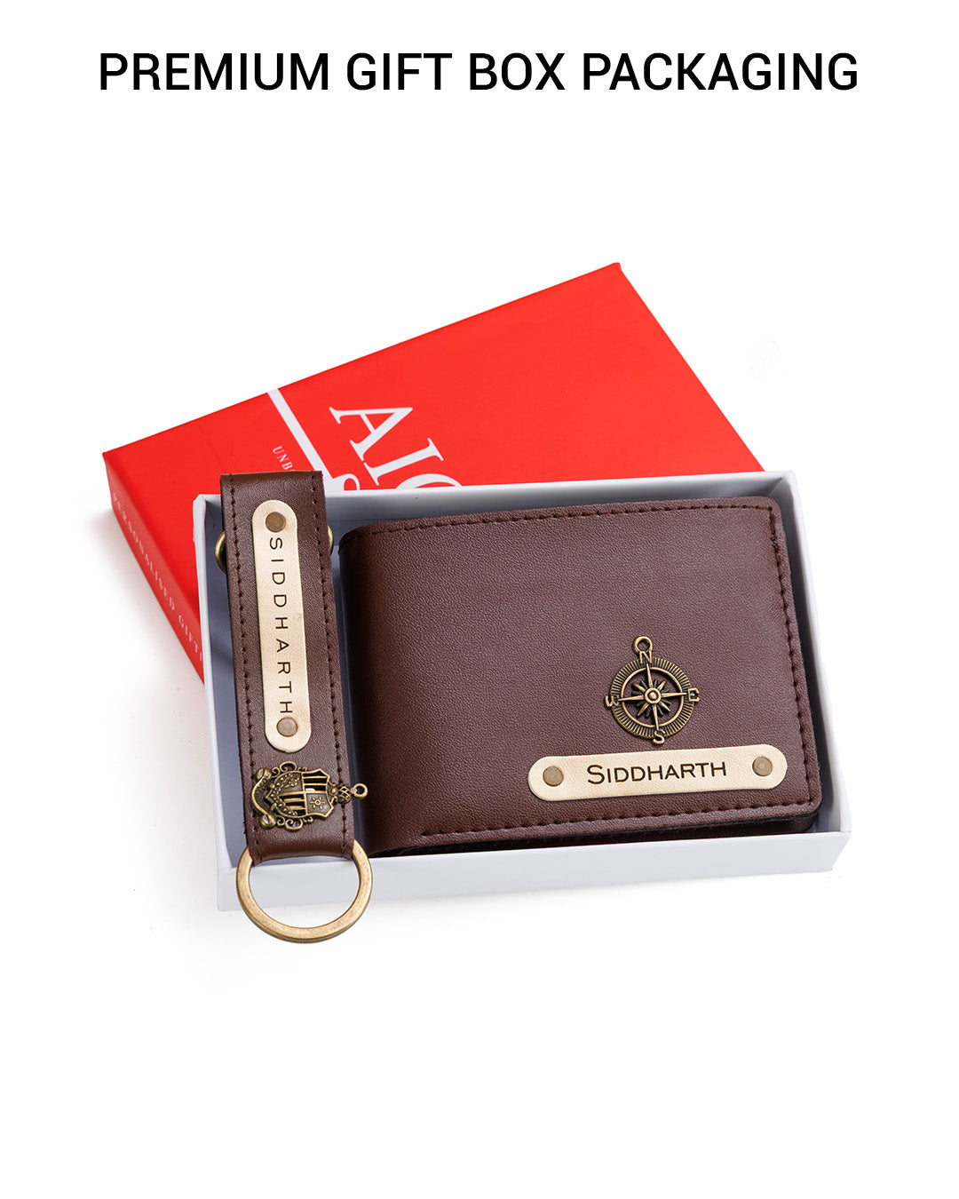AICA Personalized Name & Charm Leather Wallet & Keychain Giftset for Men ( Dark Brown )