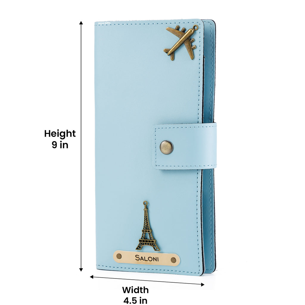 AICA Personalized Name & Charm Long Leather Wallet Passport Cover (BabyBlue)