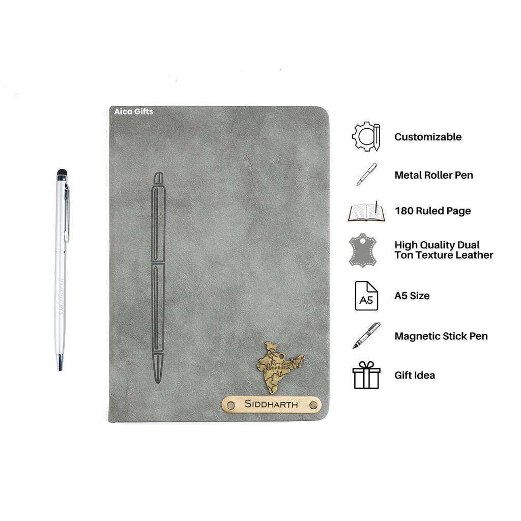 Personalized Magnetic Stick Diary & Pen Gift Set - Grey