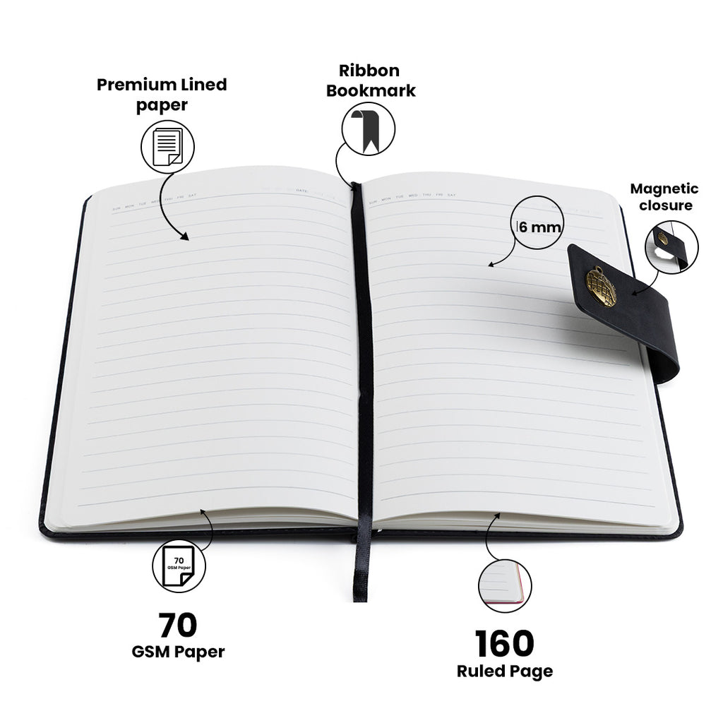 Personalized Name Leather Magnetic Diary A5 Size 200 Pages - Black