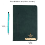 Personalized Magnetic Stick Diary & Roller Pen Gift Set- Dark Green