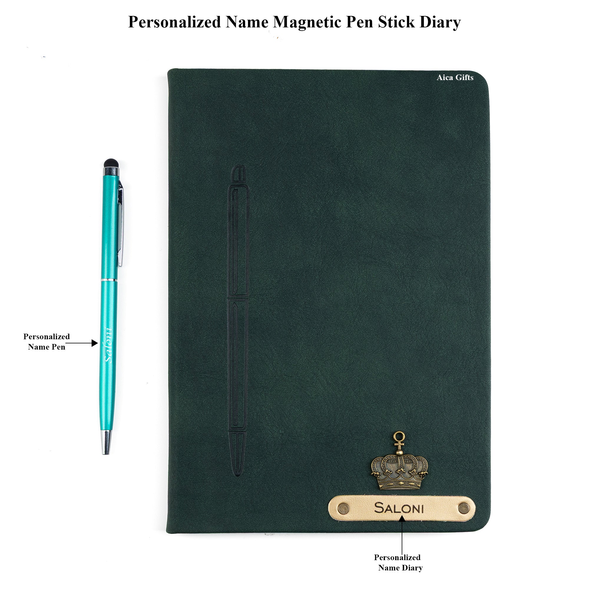 Personalized Magnetic Stick Diary & Roller Pen Gift Set- Dark Green