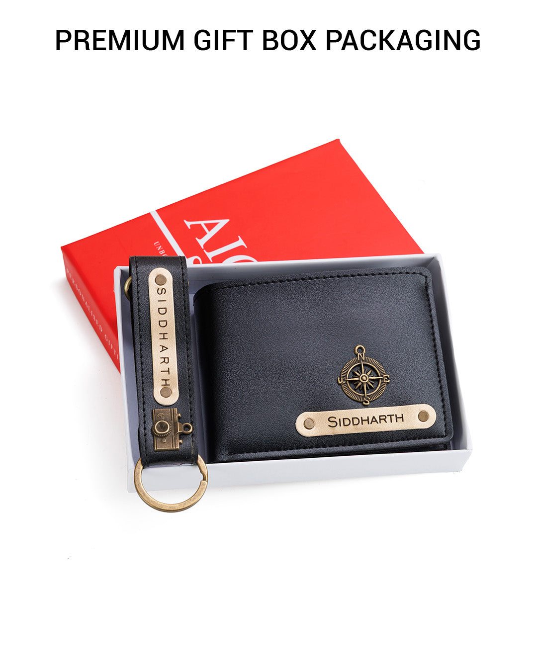AICA Personalized Name & Charm Leather Wallet & Keychain Giftset for Men (Black)