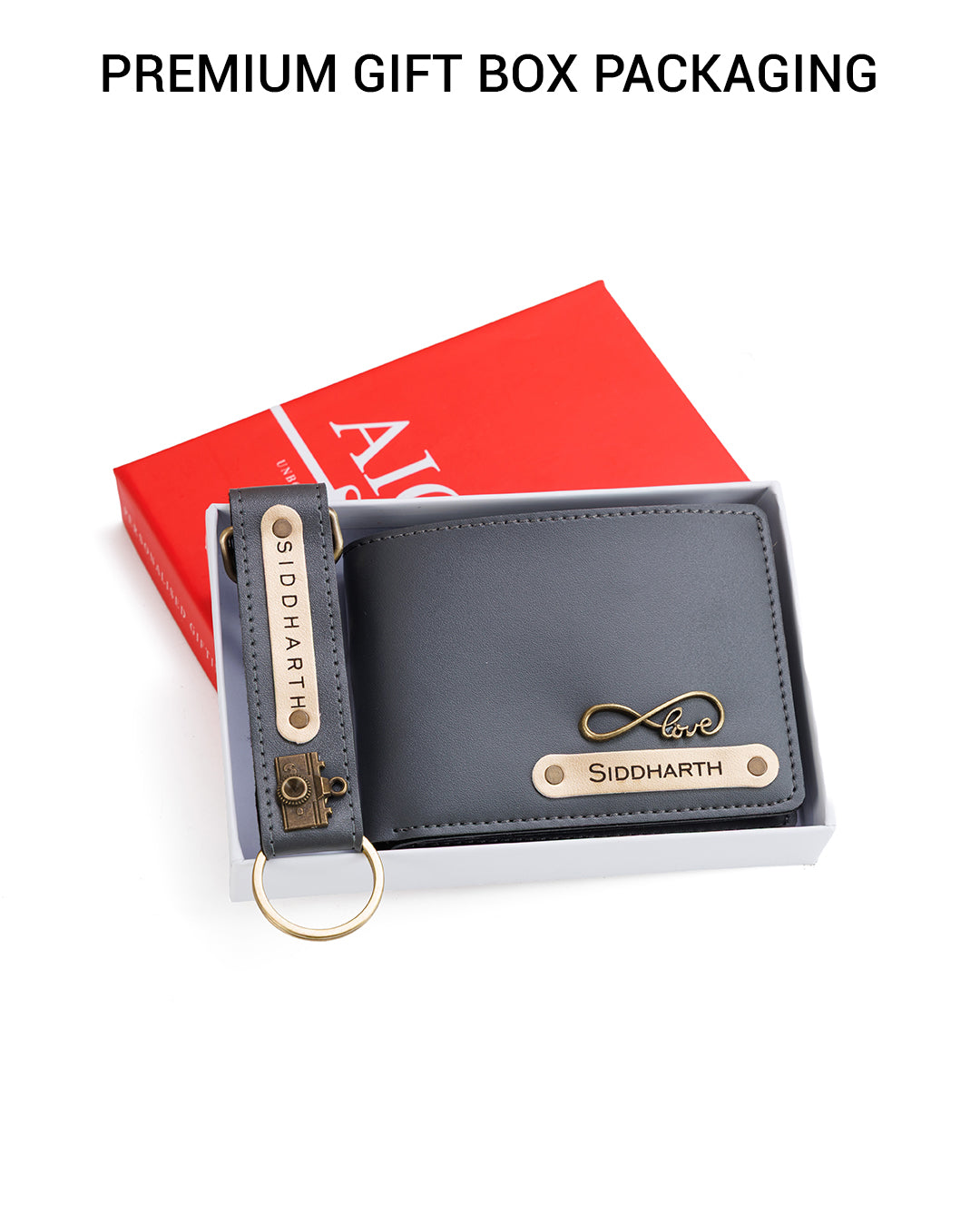 AICA Personalized Name & Charm Leather Wallet & Keychain Giftset for Men (Dark Grey)