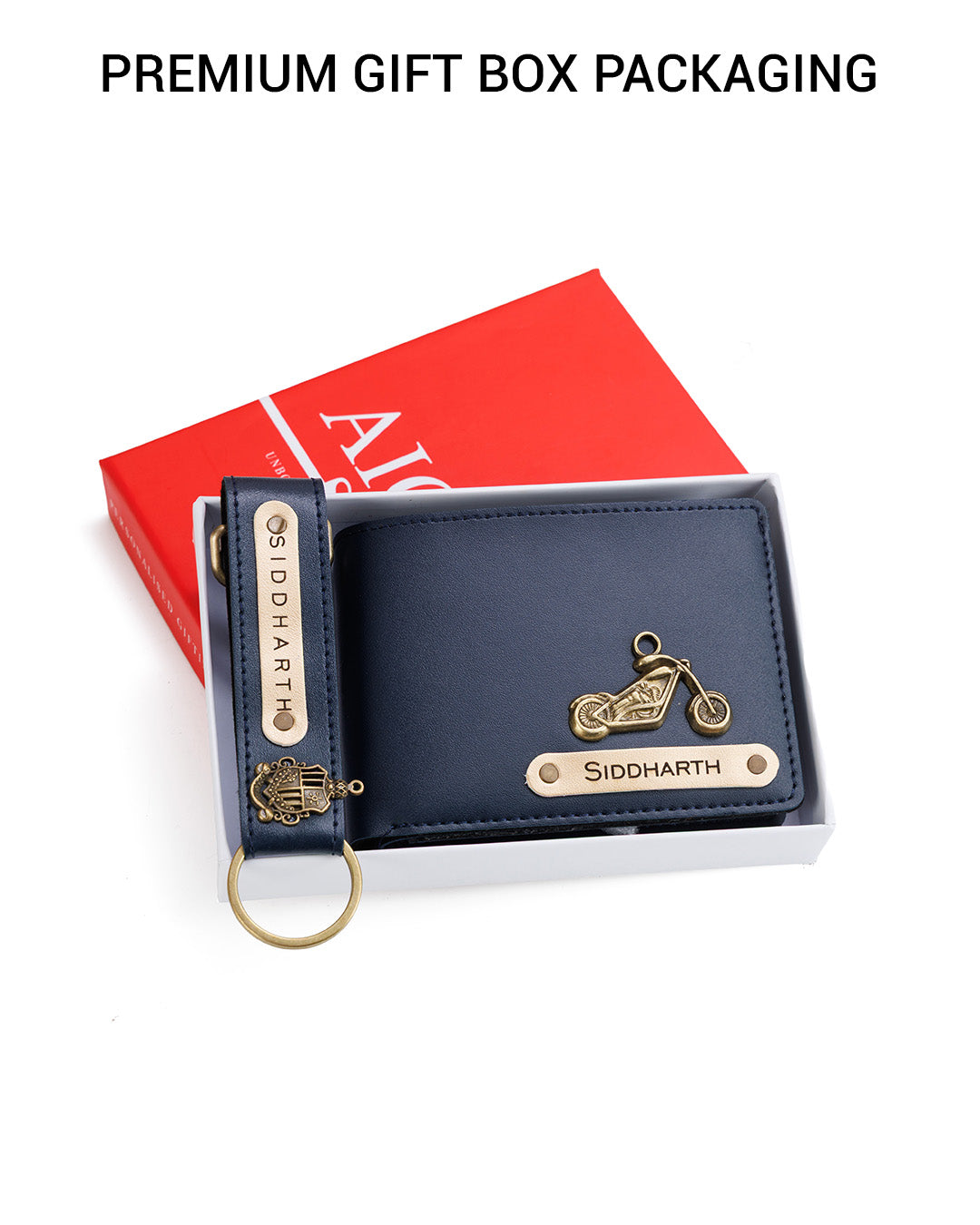 AICA Personalized Name & Charm Leather Wallet & Keychain Giftset for Men ( Navy Blue )