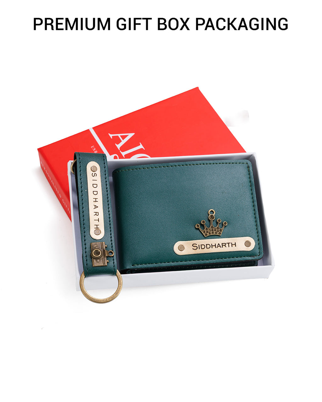 AICA Personalized Name & Charm Leather Wallet & Keychain Giftset for Men ( Dark Green )