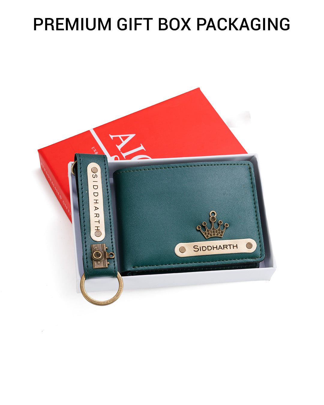 AICA Personalized Name & Charm Leather Wallet & Keychain Giftset for Men ( Dark Green )