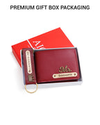 AICA Personalized Name & Charm Leather Wallet & Keychain Giftset for Men ( Wine )