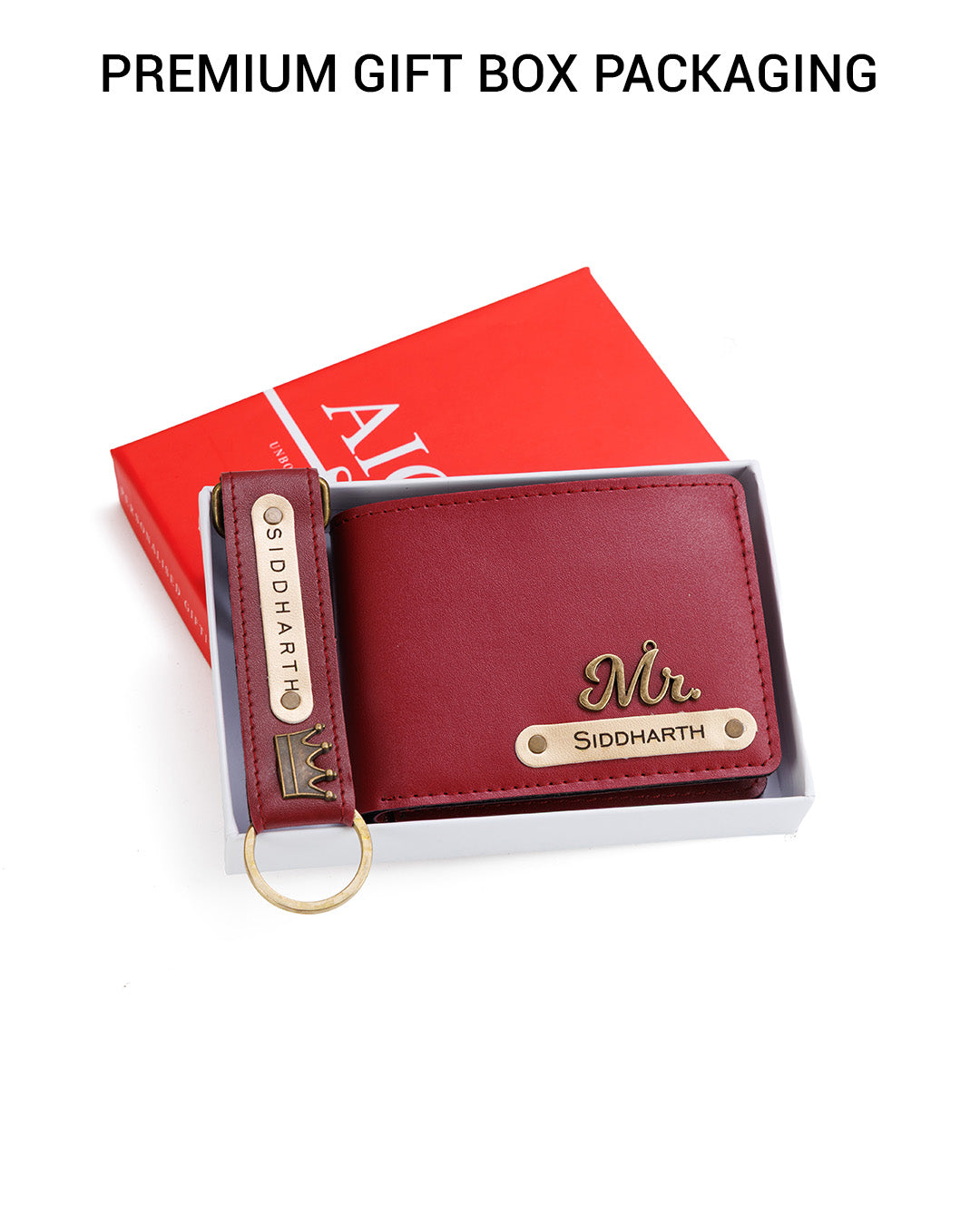 AICA Personalized Name & Charm Leather Wallet & Keychain Giftset for Men ( Wine )