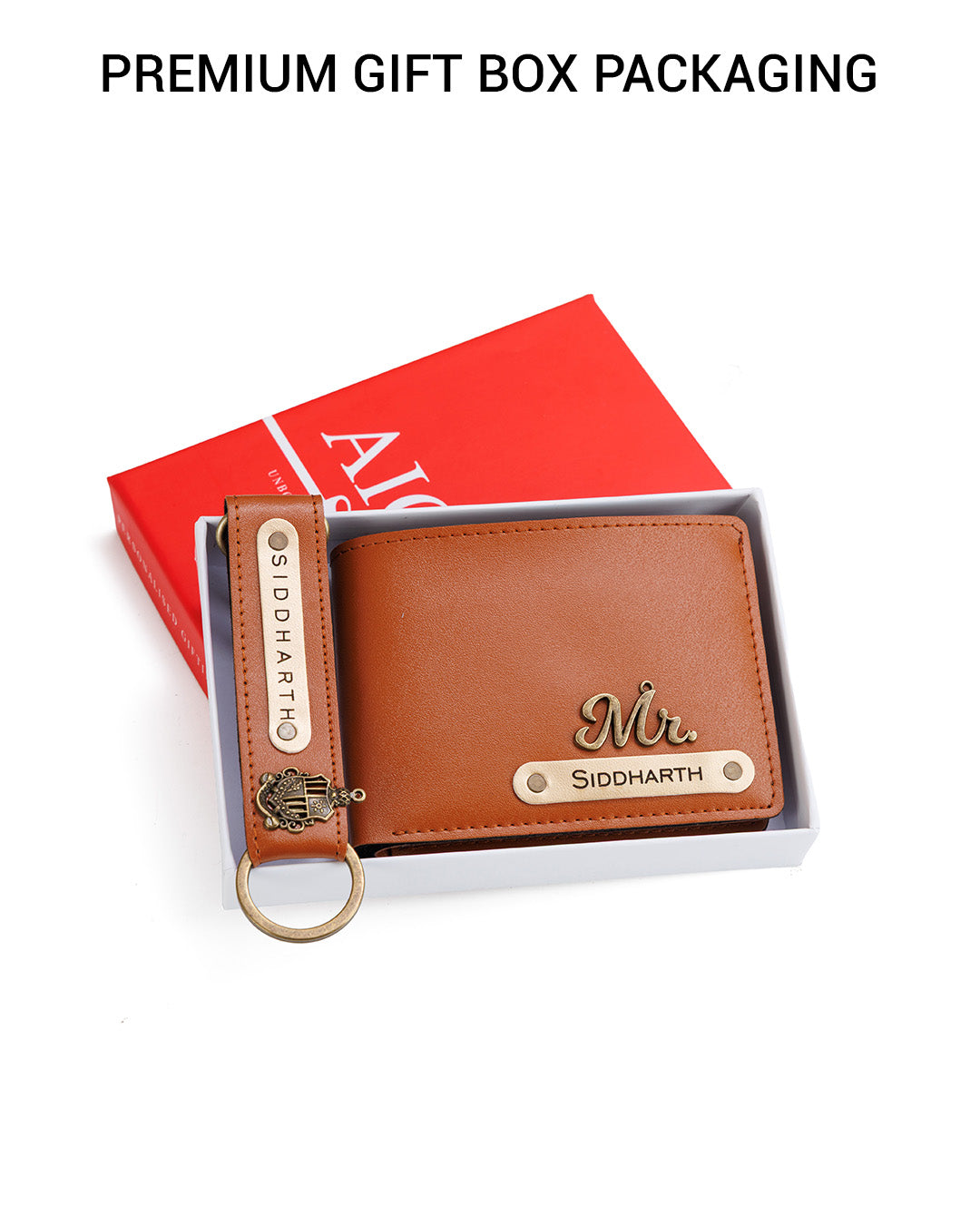 AICA Personalized Name & Charm Leather Wallet & Keychain Giftset for Men (Tan Brown)