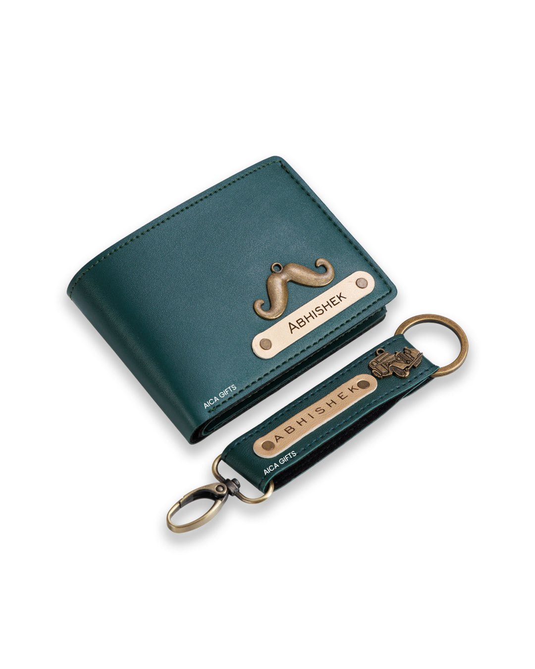 AICA Personalized Name & Charm Leather Wallet & Keychain Giftset for Men ( Dark Green )