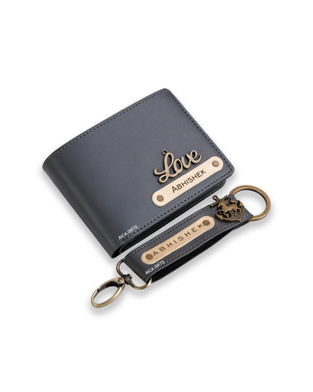 AICA Personalized Name & Charm Leather Wallet & Keychain Giftset for Men (Dark Grey)