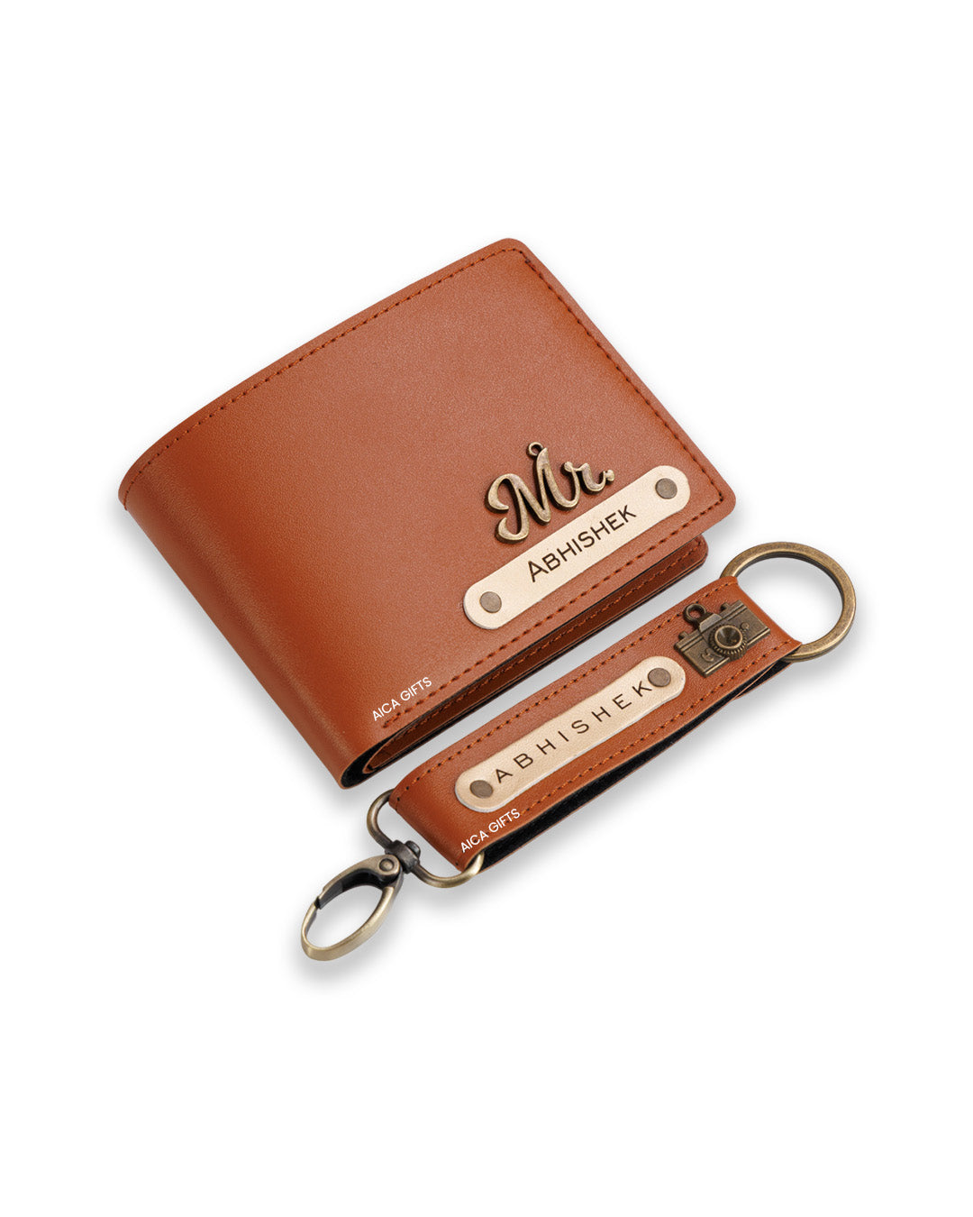 AICA Personalized Name & Charm Leather Wallet & Keychain Giftset for Men (Tan Brown)