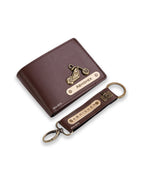 AICA Personalized Name & Charm Leather Wallet & Keychain Giftset for Men ( Dark Brown )