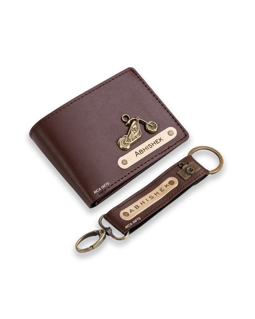 AICA Personalized Name & Charm Leather Wallet & Keychain Giftset for Men ( Dark Brown )