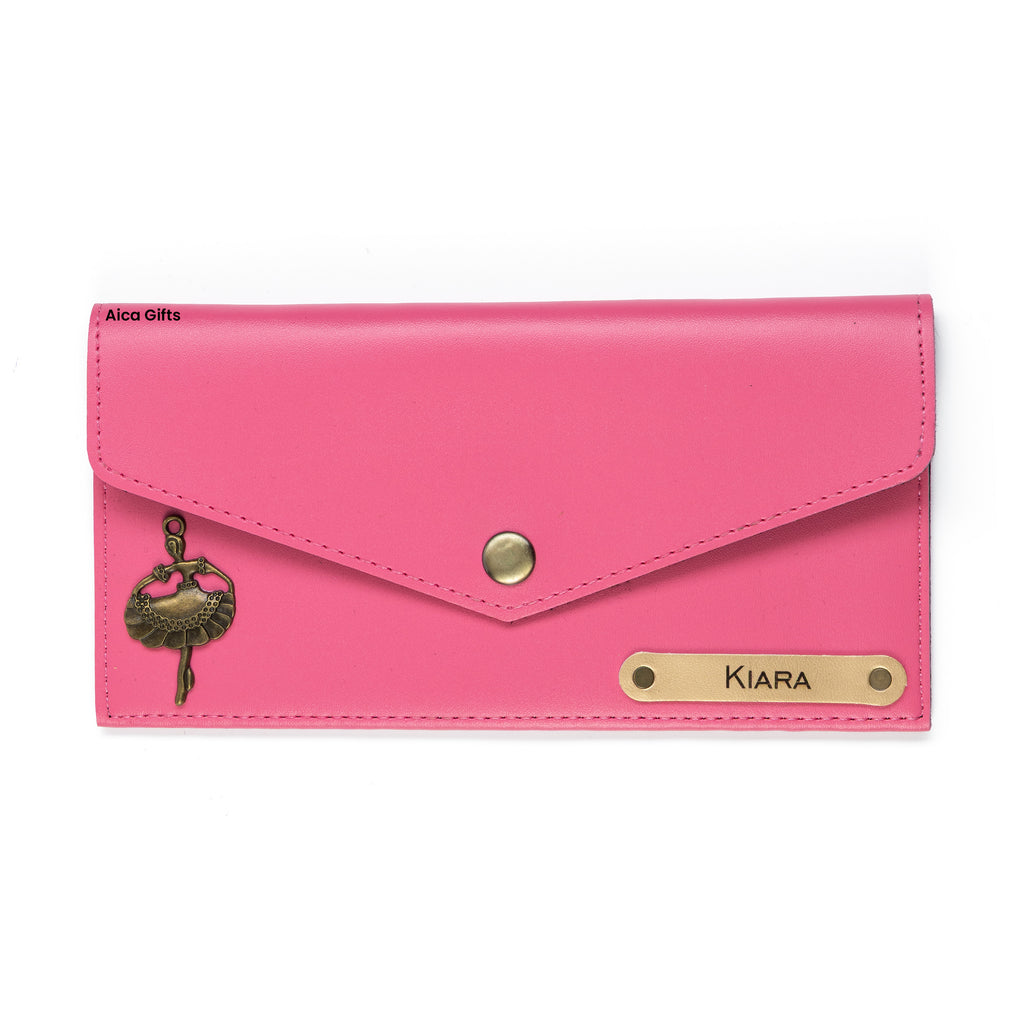 AICA Personalized Name & Charm Leather Wallet Gift for Women (Dark Pink)