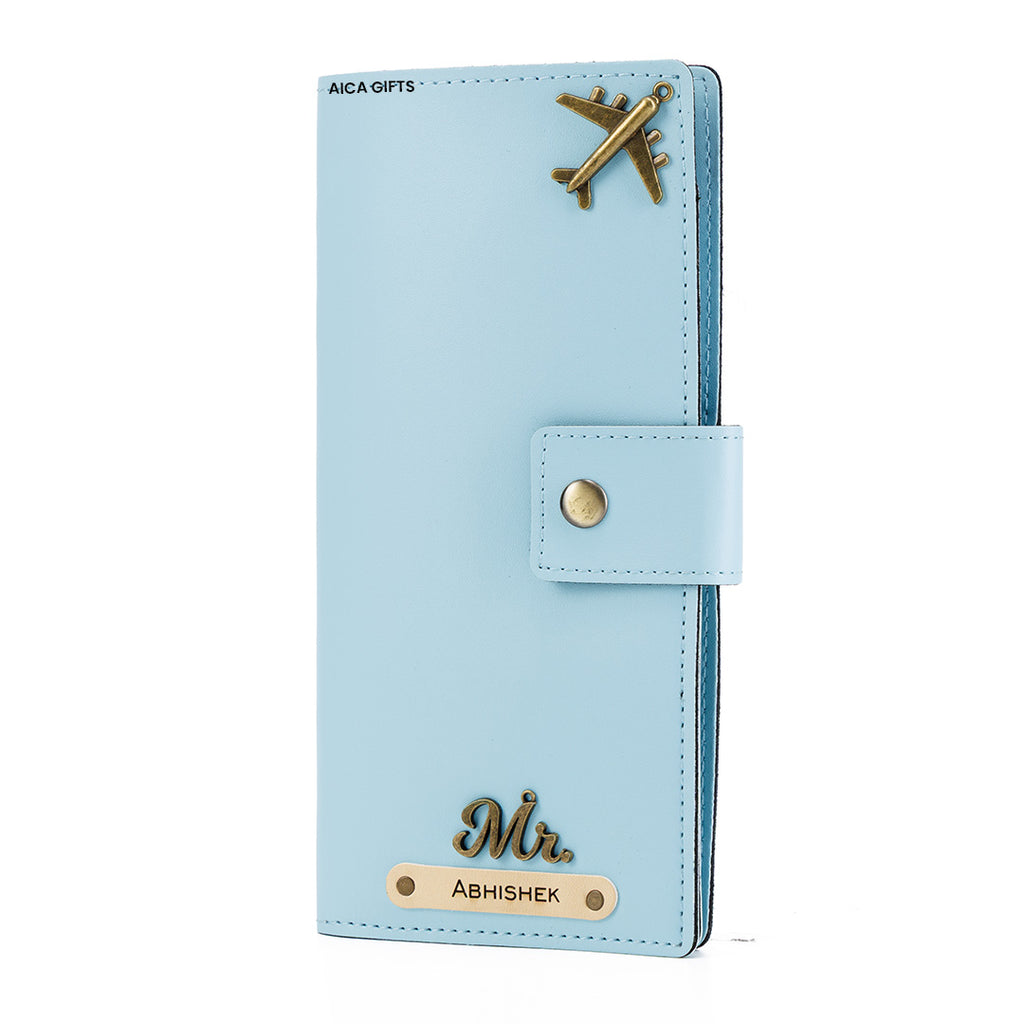 AICA Personalized Name & Charm Long Leather Wallet Passport Cover (BabyBlue)