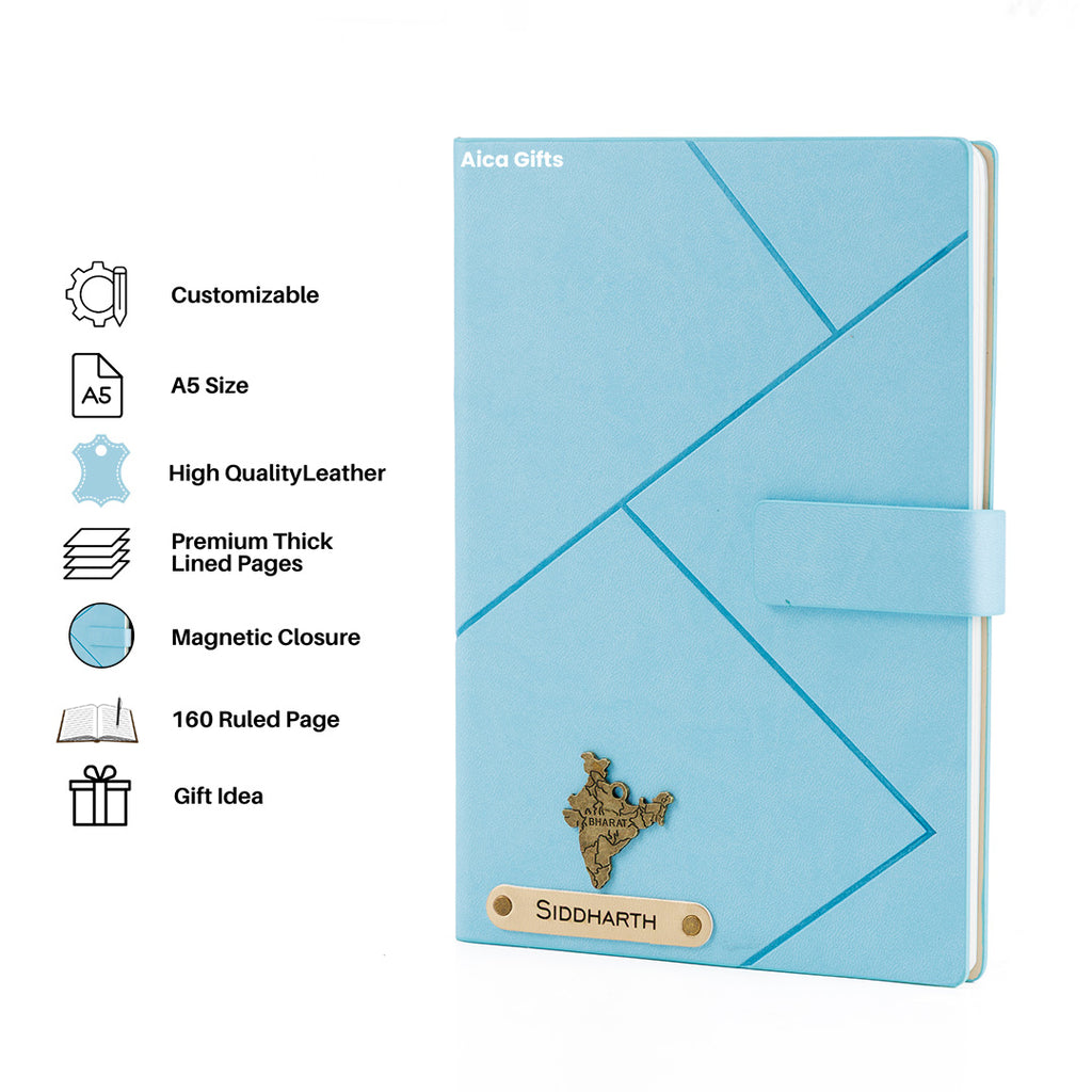 Personalized Name Self Design Leather Diary A5-160 Pages - Light Blue