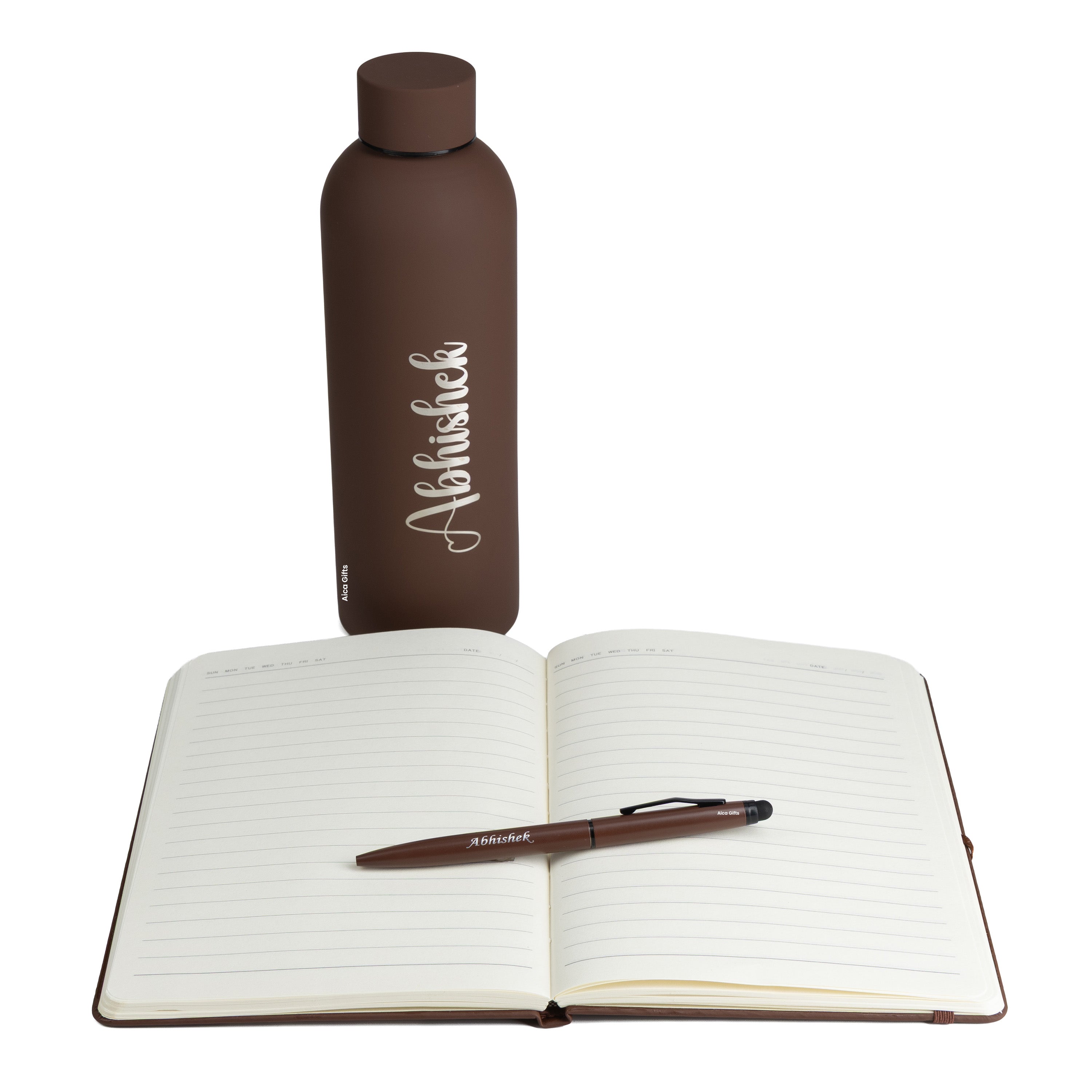 Personalized-  Pen Bottle Diary Combo Giftset - Darkbrown
