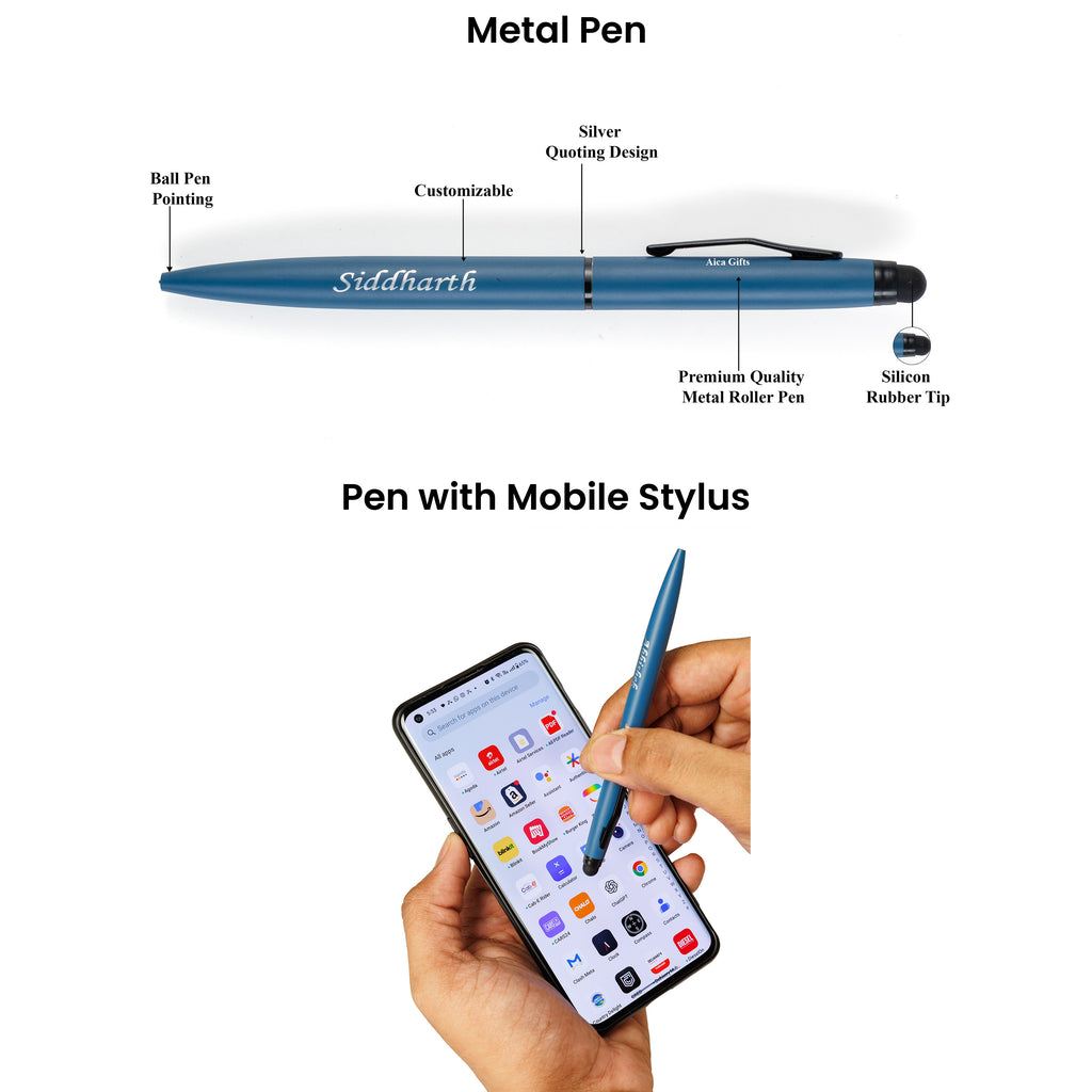 Aica Personalized Name & Charm Notebook Leather Diary - A5 Size, 180 Ruled Pages (Navy Blue) & Pen Golden Combo for Men & Women