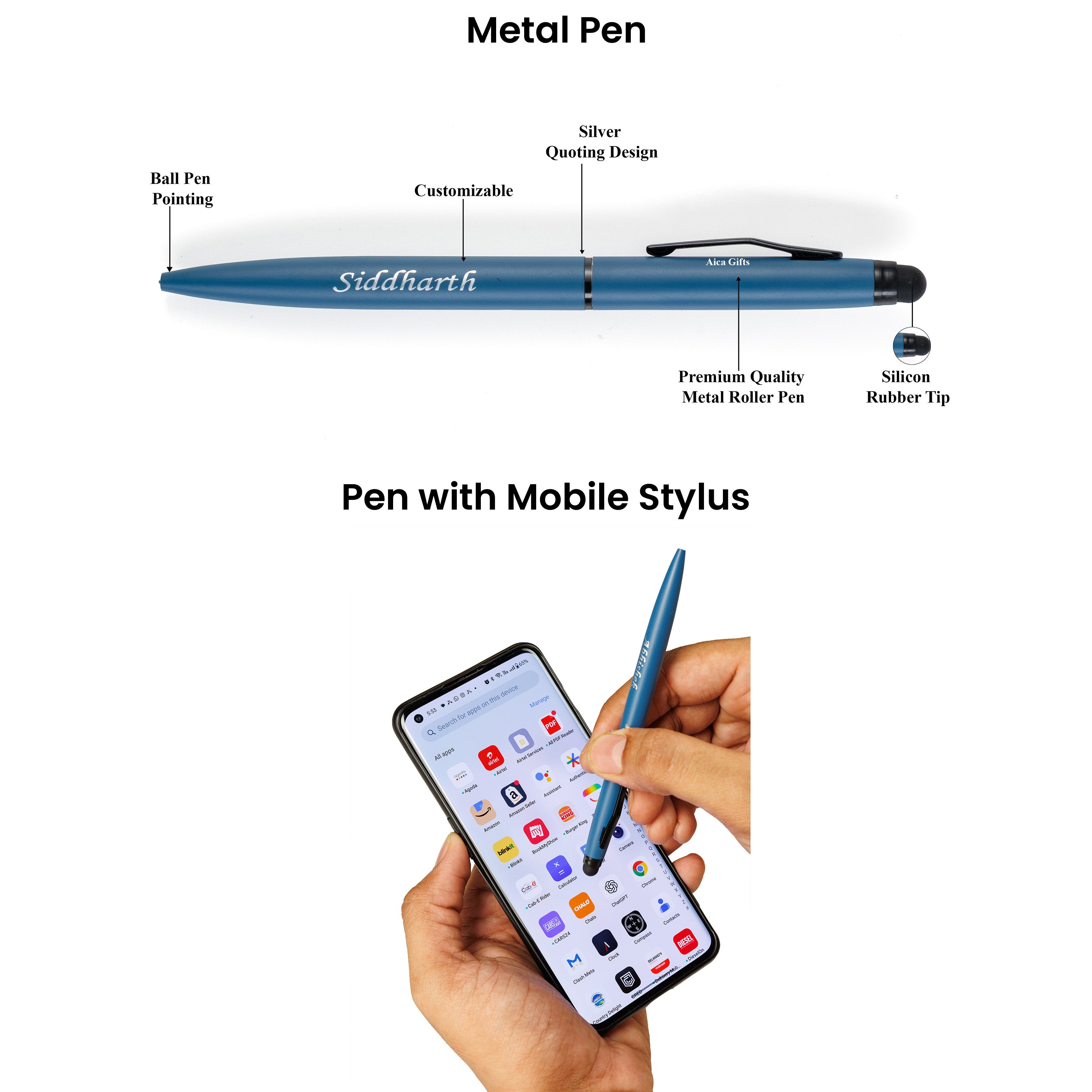 Aica Personalized Name & Charm Notebook Leather Diary - A5 Size, 180 Ruled Pages (Navy Blue) & Pen Golden Combo for Men & Women