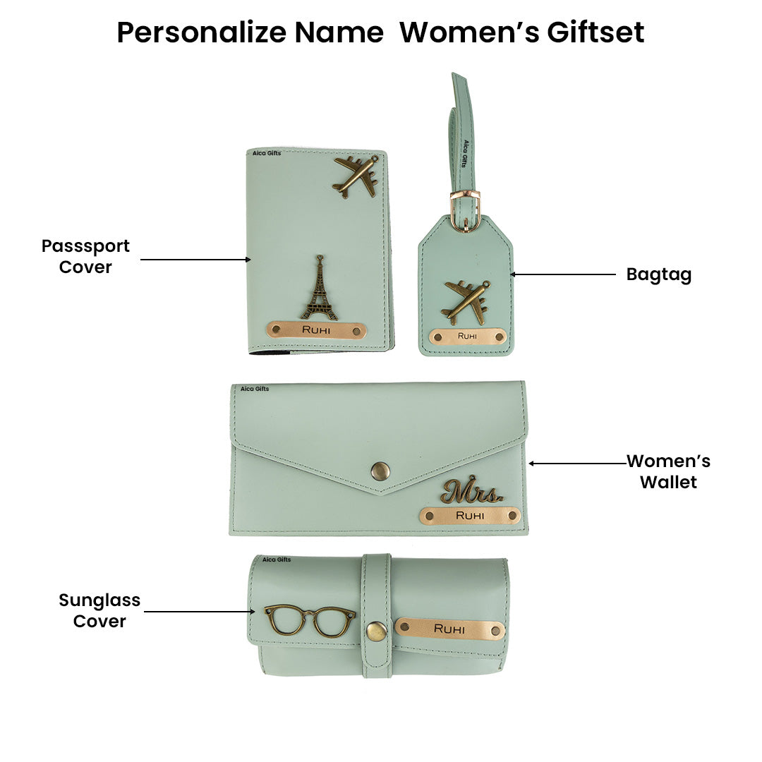 AICA Personalised Name & Charm Womens Leather Gift Set | Gifts for Women (Mintgreen)