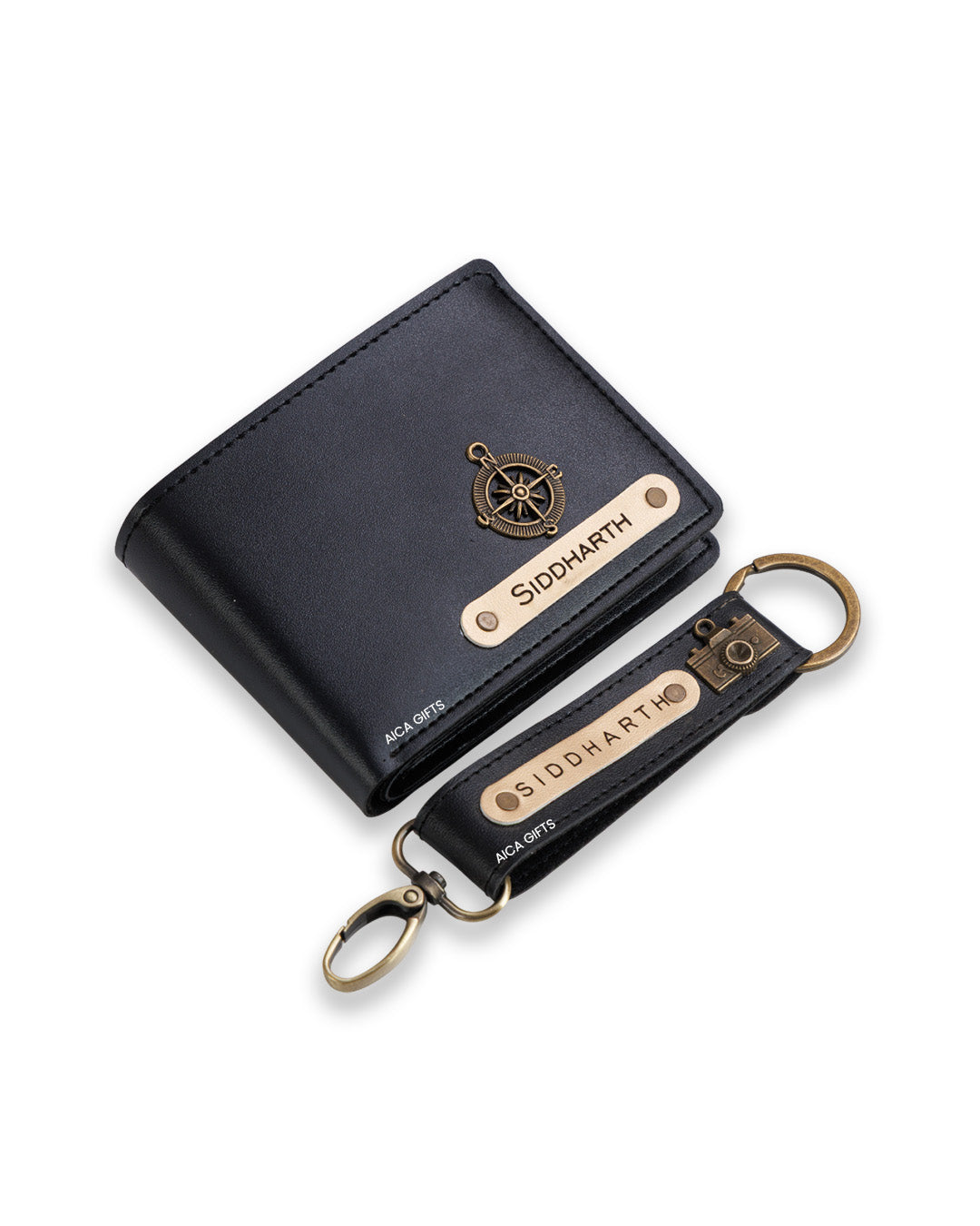 AICA Personalized Name & Charm Leather Wallet & Keychain Giftset for Men (Black)