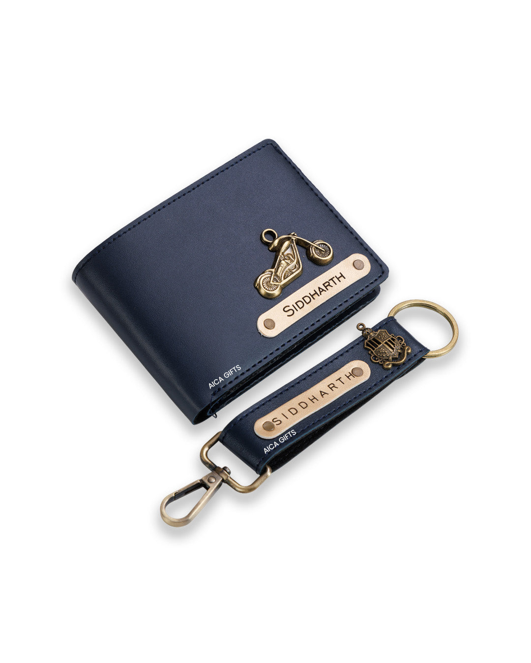 AICA Personalized Name & Charm Leather Wallet & Keychain Giftset for Men ( Navy Blue )
