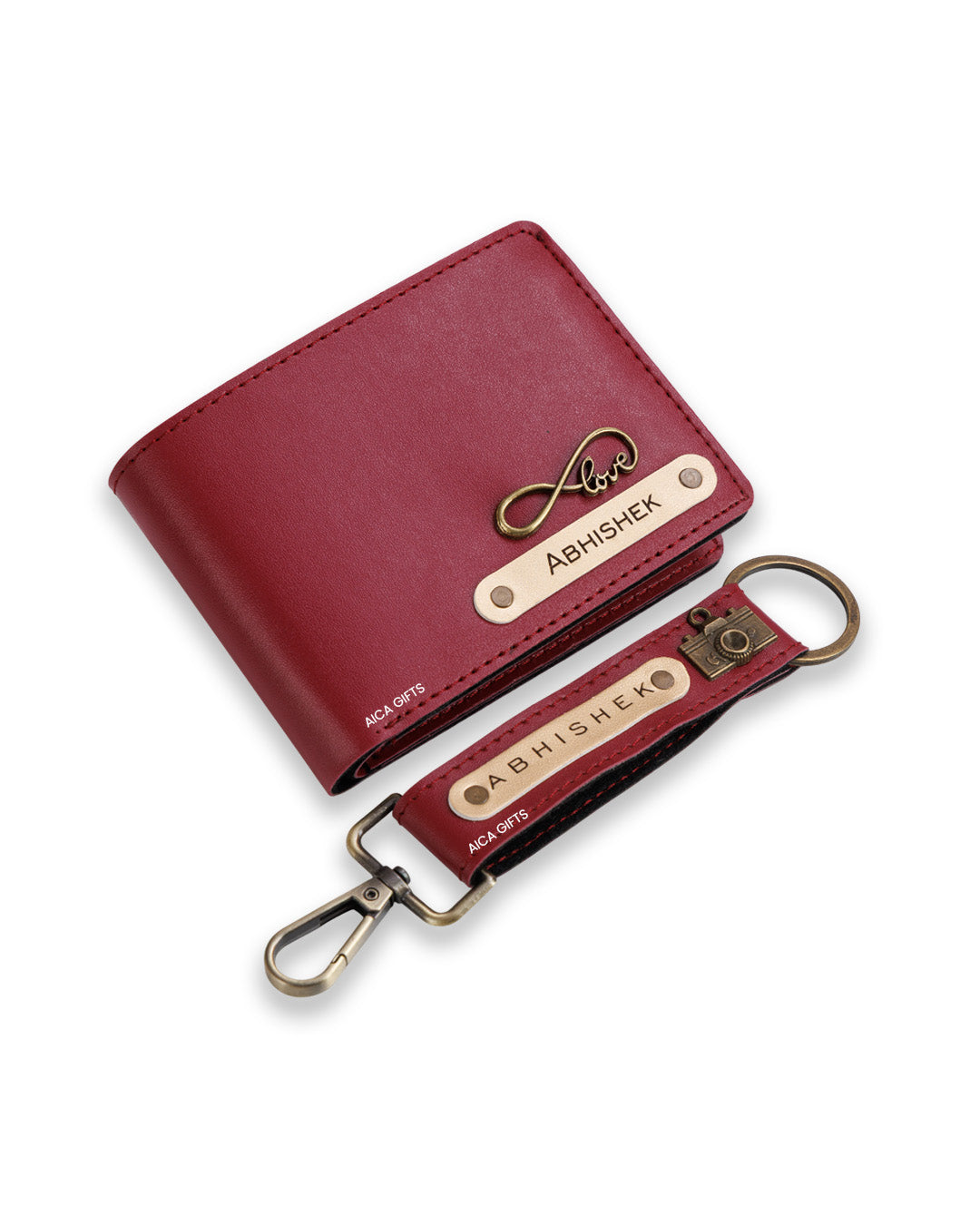 AICA Personalized Name & Charm Leather Wallet & Keychain Giftset for Men ( Wine )