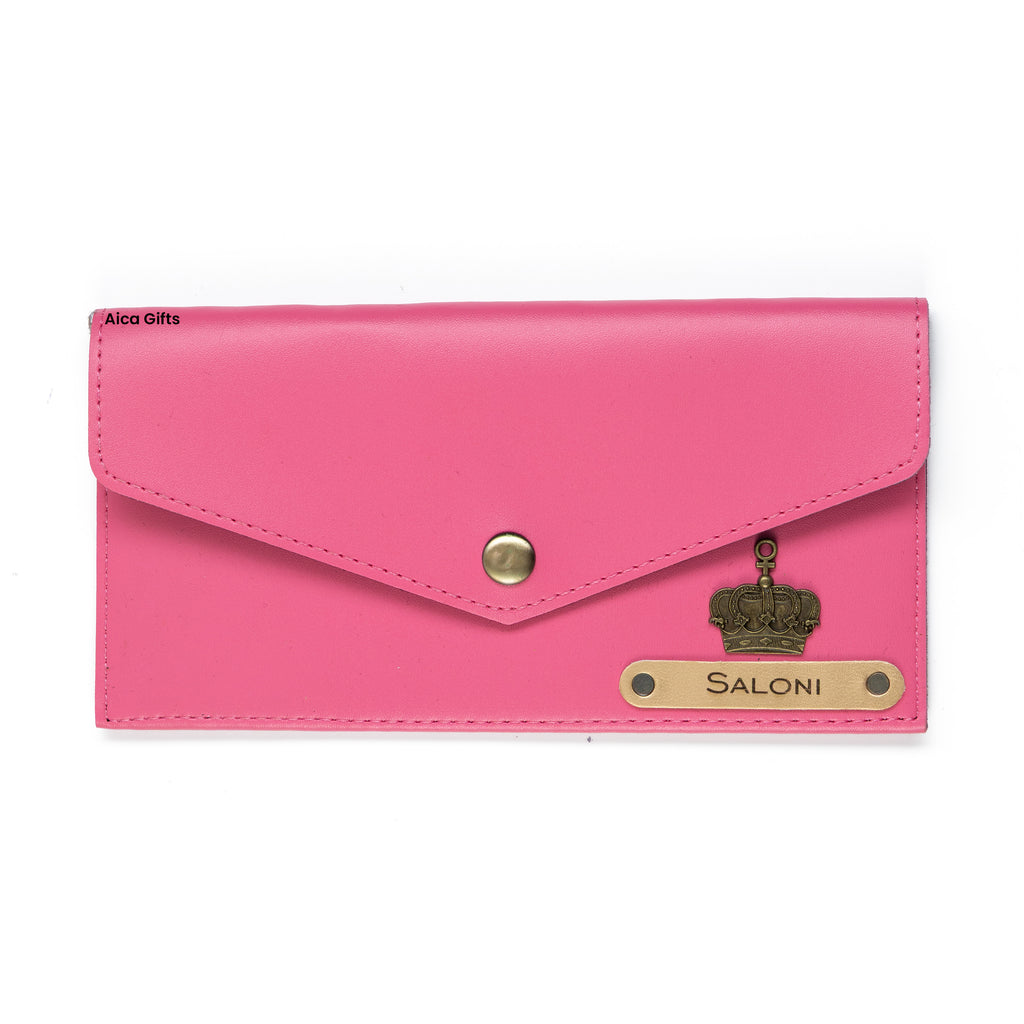 AICA Personalized Name & Charm Leather Wallet Gift for Women (Dark Pink)
