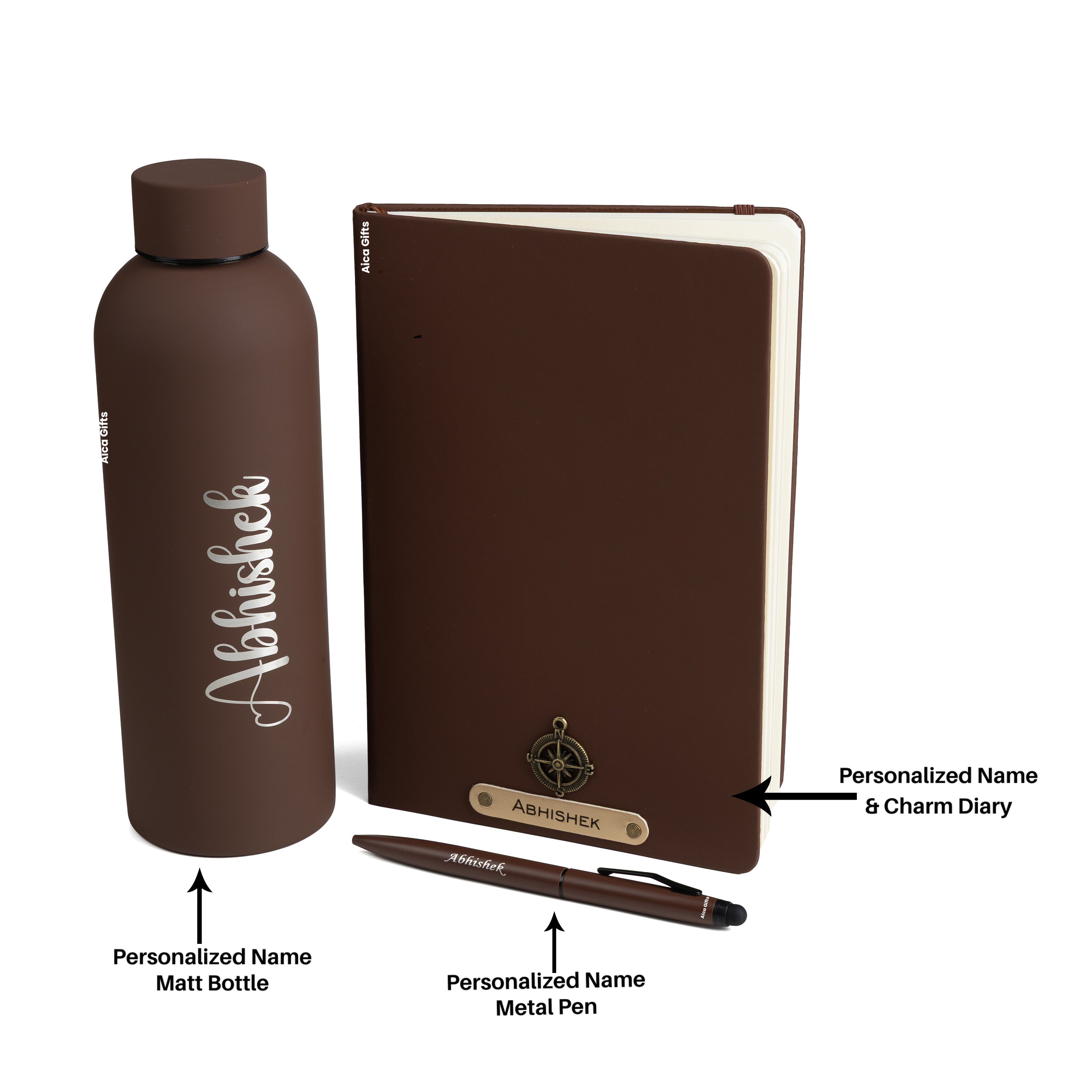 Personalized-  Pen Bottle Diary Combo Giftset - Darkbrown