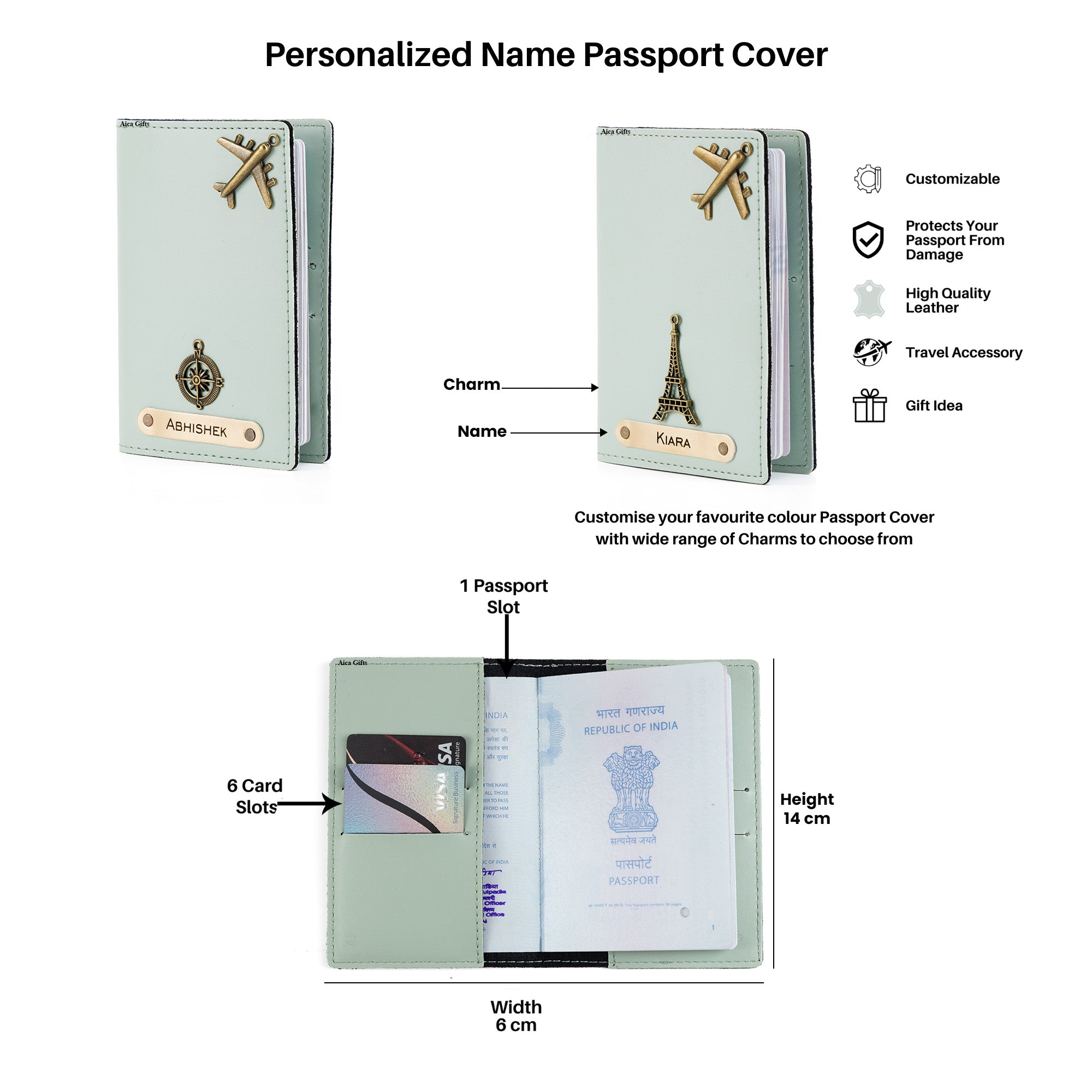 AICA Personalised Name & Charm Womens Leather Gift Set | Gifts for Women (Mintgreen)