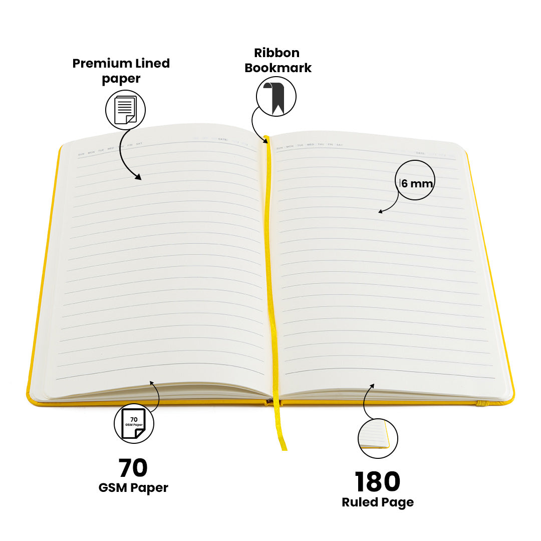 Personalized Name Leather Diary -A5 Size, 180 Ruled Pages (Yellow)