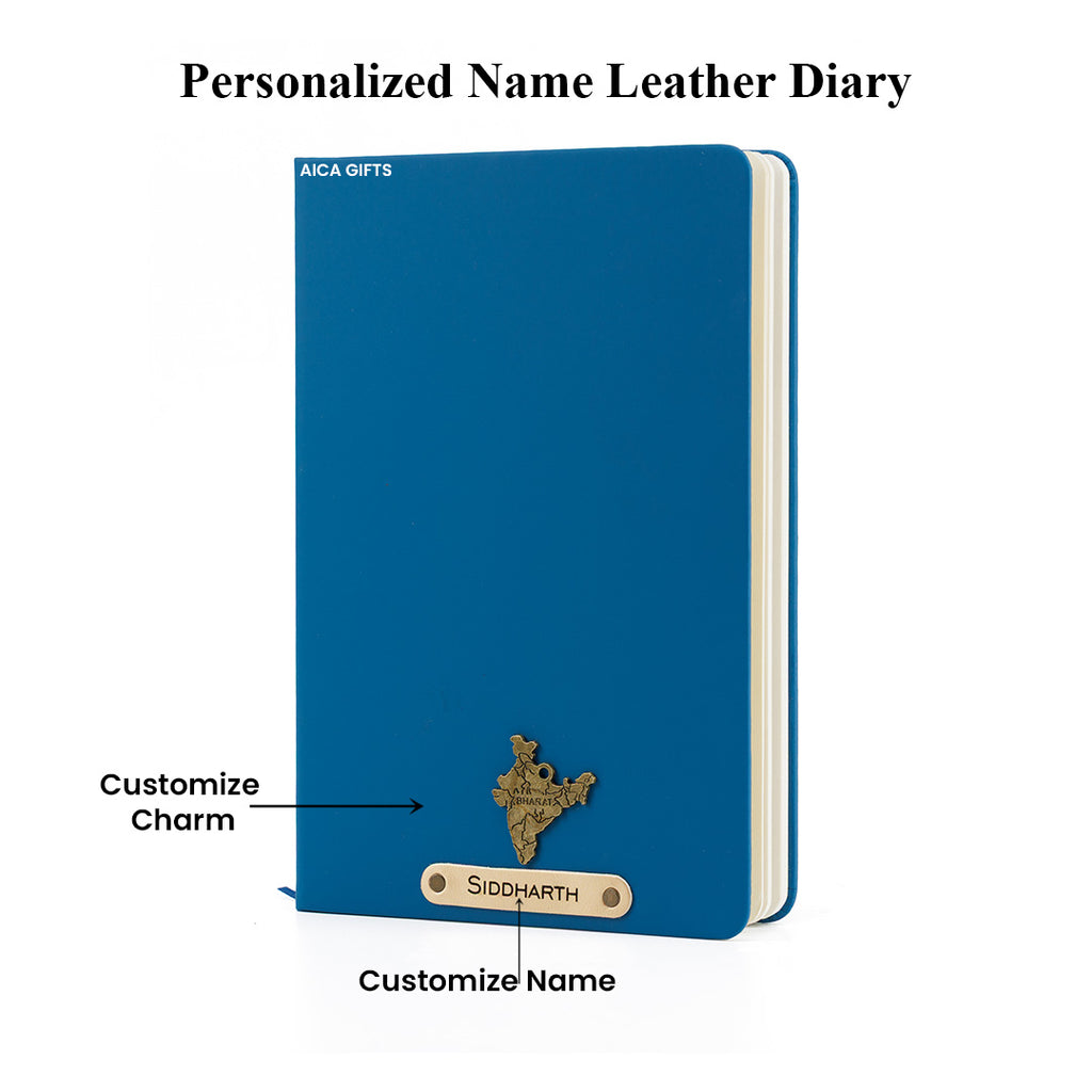 Personalized Name Leather Diary -A5 Size, 180 Ruled Pages (Persian Blue)