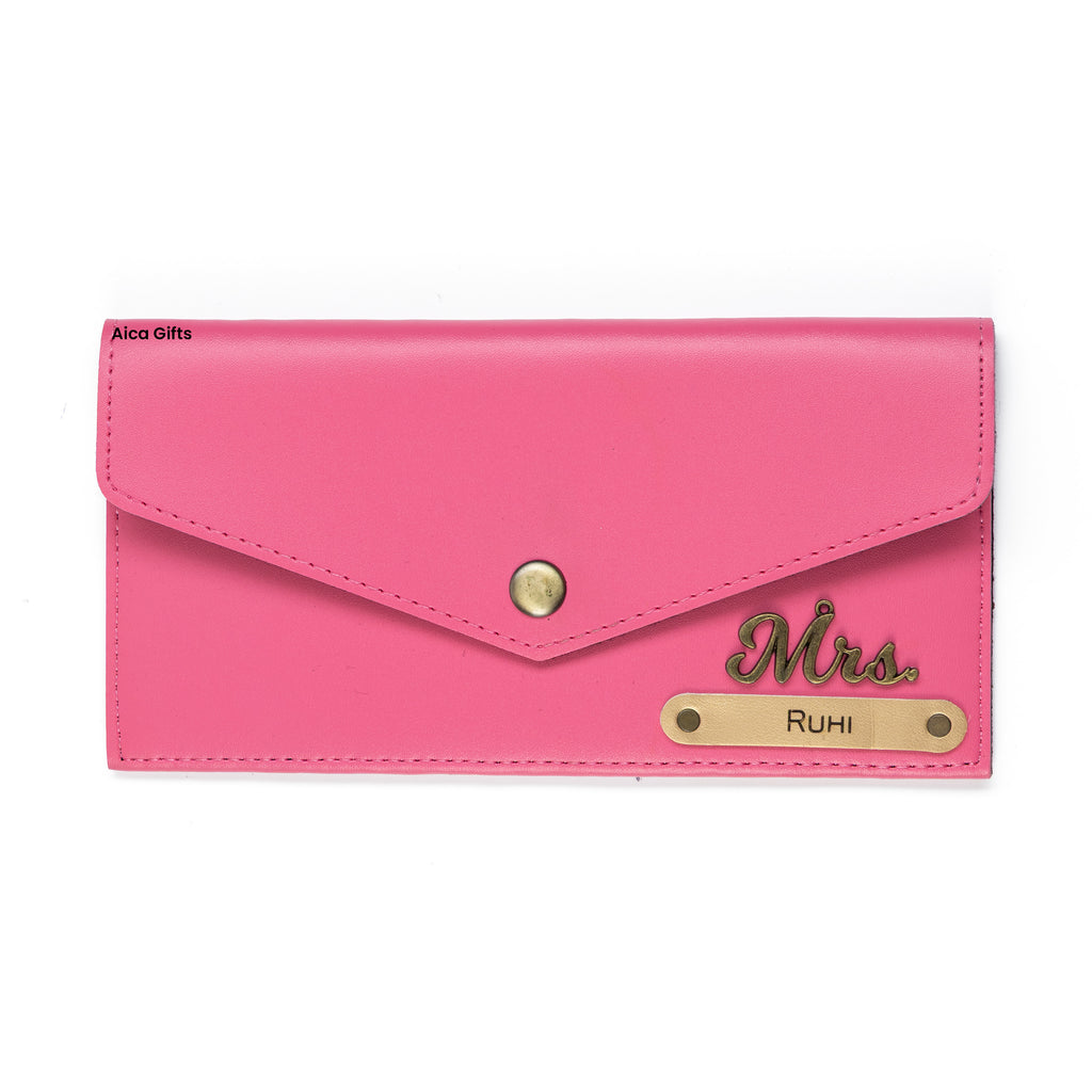 AICA Personalized Name & Charm Leather Wallet Gift for Women (Dark Pink)