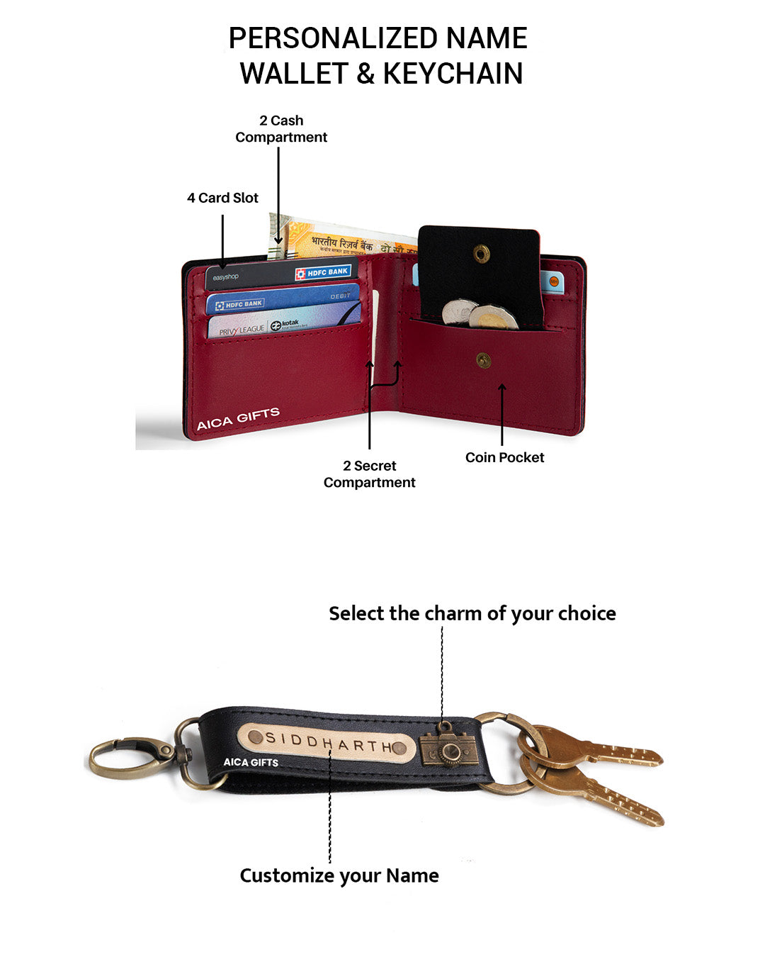 AICA Personalized Name & Charm Leather Wallet & Keychain Giftset for Men ( Wine )